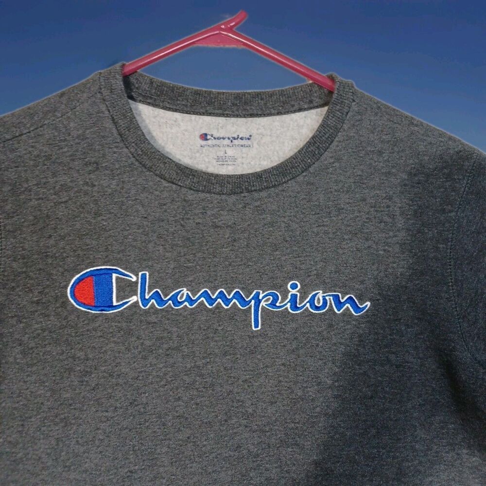 Champion Sweater Youth Large L Gray Blue Pullover Sweatshirt Embroidered Boys - Picture 3 of 5